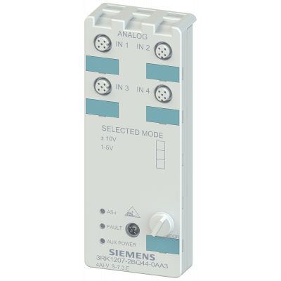 AS-i compact module, IP67 analog, 4 AI 4x inputs (M12), +/-10 V for 2-wire sensors. 3RK12072BQ440AA3