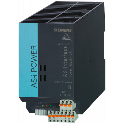 AS-i power supply unit IP20, out: AS-i 30 V DC, 5 A in: 120 V/230 V AC with ground fault detection. 3RX95020BA00