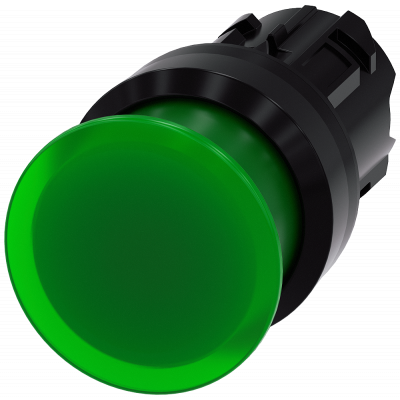 Mushroom pushbutton, illuminated, 22 mm, round, plastic, green, 30 mm. 3SU10011AD400AA0