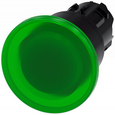 Mushroom pushbutton, illuminated, 22 mm, round, plastic, green, 40 mm. 3SU10011BA400AA0