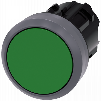 Pushbutton, 22 mm, round, plastic with metal front ring, green. 3SU10300AA400AA0