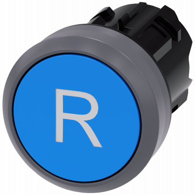 Pushbutton, 22 mm, round, plastic with metal front ring, blue, labeling: R. 3SU10300AB500AR0