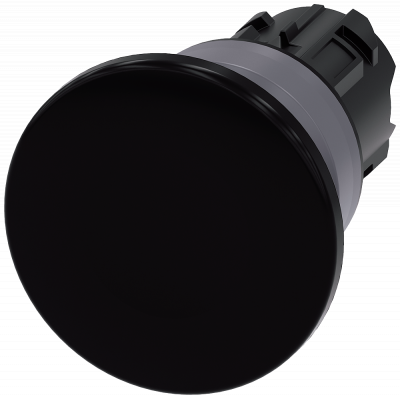 Mushroom pushbutton, 22 mm, round, plastic with metal front ring, black, 40 mm. 3SU10301BD100AA0
