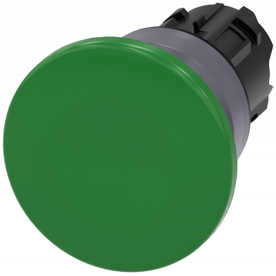 Mushroom pushbutton, 22 mm, round, plastic with metal front ring, green, 40 mm. 3SU10301BD400AA0