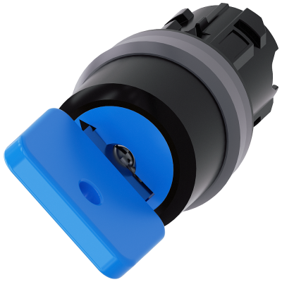 Key-operated switch O.M.R, 22 mm, round, metal front ring, blue, key removal O+I. 3SU10304GF110AA0