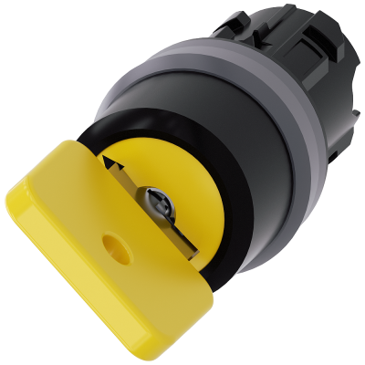 Key-operated switch O.M.R, 22 mm, round, metal front ring, yellow, key removal O+I. 3SU10304JF110AA0