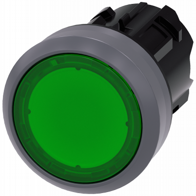 Pushbutton, illuminated, 22 mm, round, metal front ring, green, button. 3SU10310AB400AA0