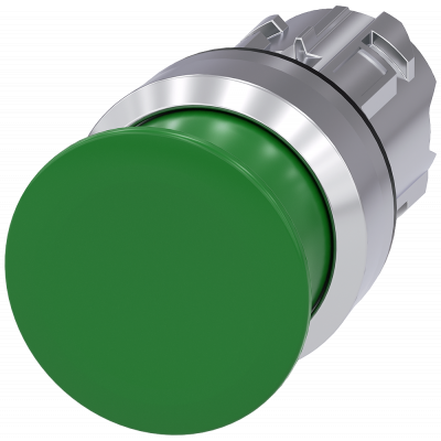 Mushroom pushbutton, 22 mm, round, metal, high gloss, green, 30 mm. 3SU10501AD400AA0