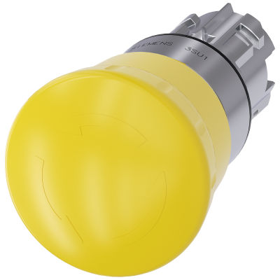 Mushroom pushbutton, 22 mm, round, metal, high gloss, yellow, rotate-to-unlatch mechanism. 3SU10501HB300AA0