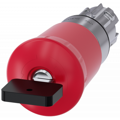 Emergency stop mushroom pushbutton, 22 mm, round, metal, shiny, red, with Siemens lock. 3SU10501HU200AA0