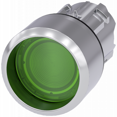 Illuminated pushbutton, 22 mm, round, metal, shiny, green, front ring, high momentary contact. 3SU10510CB400AA0