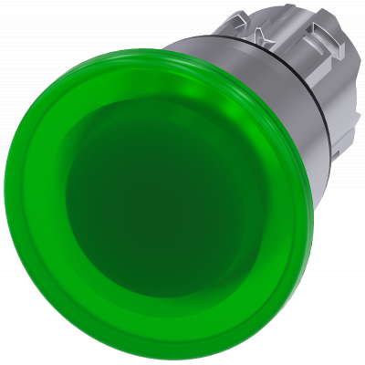 Mushroom pushbutton, illuminated, 22 mm, round, metal, high gloss, green, 40 mm. 3SU10511BA400AA0