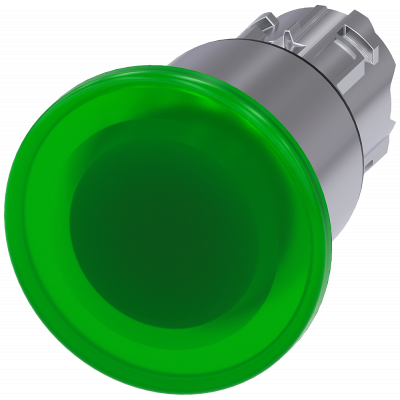 Mushroom pushbutton, illuminated, 22 mm, round, metal, high gloss, green, 40 mm. 3SU10511EA400AA0