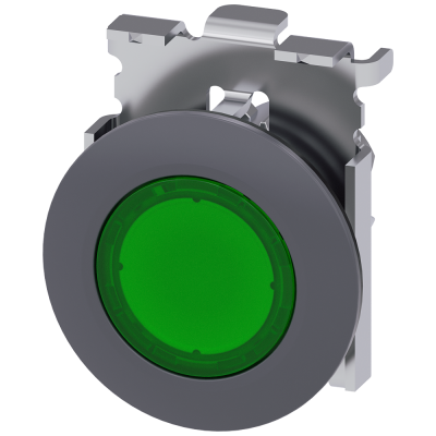 Pushbutton, illuminated, as indicator light, 30 mm, round, metal, matt, green. 3SU10610JD400AA0