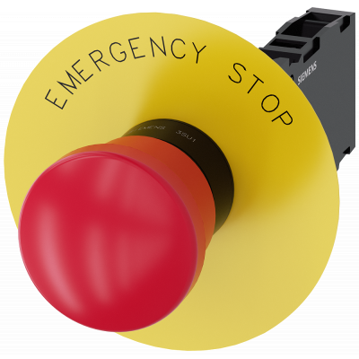 Emergency stop mushroom pushbutton, 22 mm, round, plastic, red, 1 NO + 1 NC. 3SU11001HA201FG0