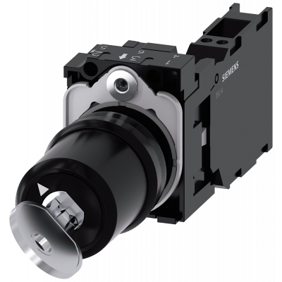 Key-operated switch Siemens, 22 mm, round, plastic, key removal O+I, 1NO+1NC. 3SU11005BF113FA0