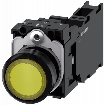 Pushbutton, illuminated, 22 mm, round, plastic, yellow, 1 NO + 1 NC, 24 V AC/DC. 3SU11020AB303FA0