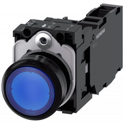 Pushbutton, illuminated, 22 mm, round, plastic, blue, 1 NO + 1 NC, 24 V AC/DC. 3SU11020AB501FA0