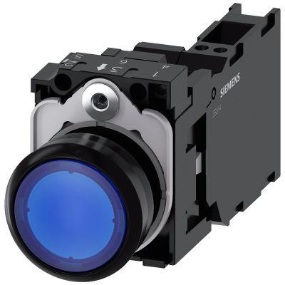 Pushbutton, illuminated, 22 mm, round, plastic, blue, 1 NO + 1 NC, 24 V AC/DC. 3SU11020AB503FA0