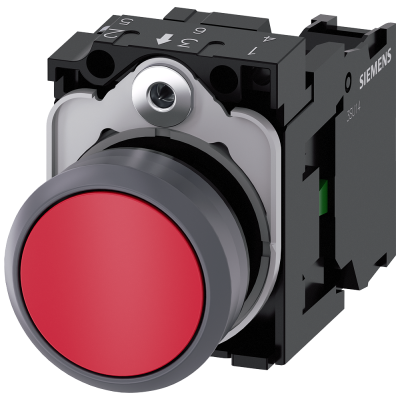 Pushbutton, 22 mm, round, plastic with metal front ring, red, button, 1 NO. 3SU11300AB201BA0