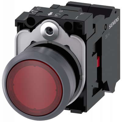 Pushbutton illuminated 22 m round metal front ring red button 1 NC 24 V AC/DC. 3SU11320AB203CA0