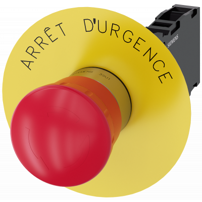 Emergency stop mushroom pushbutton, 22 mm, round, metal, high gloss, red, 1 NO + 1 NC. 3SU11501HB201FJ0