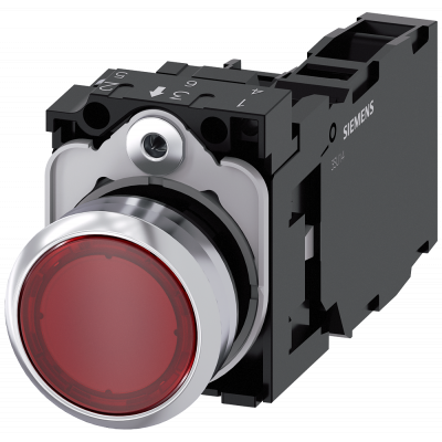 Pushbutton, illuminated, 22 mm, round, metal, high gloss, red, button, 1 NO + 1 NC. 3SU11530AB201FA0