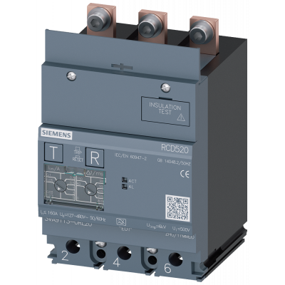 Residual current ammeter RCD520 Basic RCD type A mounted at bottom rated fault current 0.03 to 5 A at 50/60 Hz adjustable TV 0 to 1000 ms 3-pole In=16. 3VA91130RL20