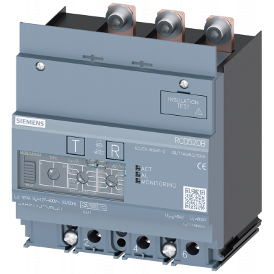 residual current device RCD520B Basic RCD type B or B+ load-side mounted rated resid. current 0.03...5A adjustable tv 0...10,000ms 3-pole In=160A Ue=1. 3VA91130RL21