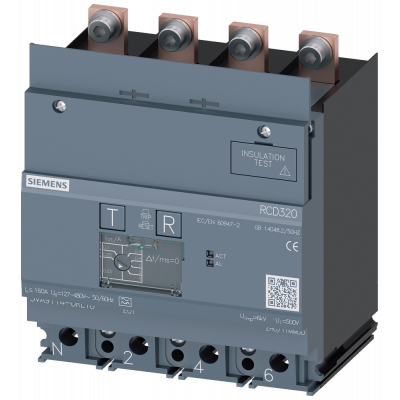 Residual current ammeter RCD320 Basic RCD type A mounted at bottom rated fault current 0.03 to 5 A at 50/60 Hz TV instantaneous 4-pole In=160 A Ue=100. 3VA91140RL10