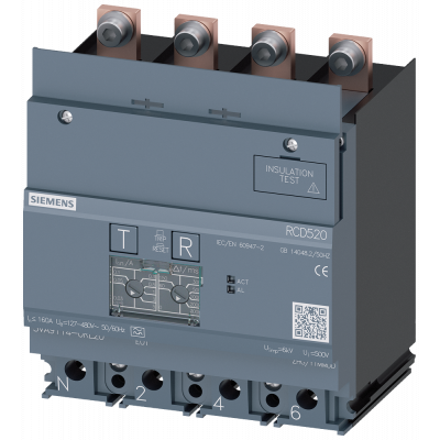 Residual current ammeter RCD520 Basic RCD type A mounted at bottom rated fault current 0.03 to 5 A at 50/60 Hz adjustable TV 0 to 1000 ms 4-pole In=16. 3VA91140RL20