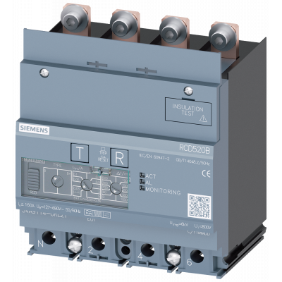 residual current device RCD520B Basic RCD type B or B+ load-side mounted rated resid. current 0.03...5A adjustable tv 0...10,000ms 4-pole In=160A Ue=1. 3VA91140RL21