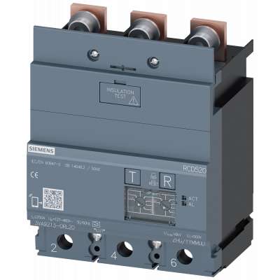 Residual current ammeter RCD520 Basic RCD type A mounted at bottom rated fault current 0.03 to 5 A at 50/60 Hz adjustable TV 0 to 1000 ms 3-pole In=25. 3VA92130RL20