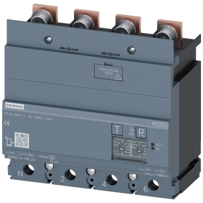 Residual current ammeter RCD520 Basic RCD type A mounted at bottom rated fault current 0.03 to 5 A at 50/60 Hz adjustable TV 0 to 1000 ms 4-pole In=25. 3VA92140RL20