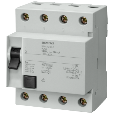 RCCB, 4-pole, type AC, In: 125 A, 500 mA, Un AC: 400 V. 5SM37450