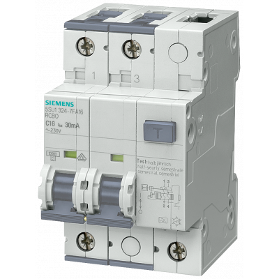 RCBO, 10 kA, 2P, type A, 30 mA, B-char, In: 16 A, Un AC: 230 V. 5SU13246FA16