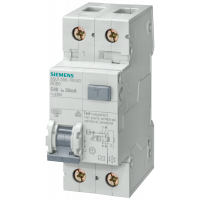 RCBO, 4.5 kA, 1P+N, type AC, 30 mA, C-char, In: 13 A, Un AC: 230 V. 5SU13531KK13