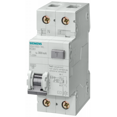 RCBO, 4.5 kA, 1P+N, type AC, 30 mA, C-char, In: 6 A, Un AC: 230 V, .... 5SU13531KL06