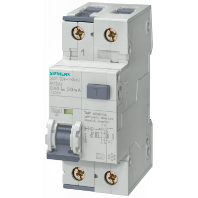 RCBO, 10 kA, 1P+N, type A, short-time delayed G, 30 mA, B-char, In: 40 A. 5SU13546LB40