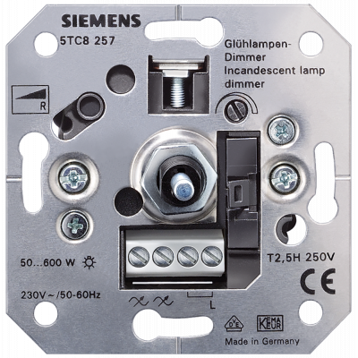 Incandescent lamp dimmer, R with pressure off/two-way switch FM, 230 V 50-60 Hz, 60-600 W screw-type terminals for claw and screw mounting. 5TC8257