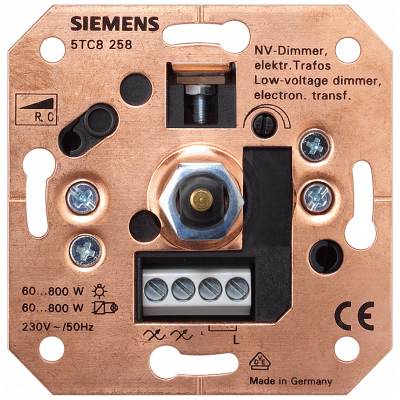 LV dimmer electronic transformers, R, C with pressure off/two-way switch, flush-mounting 230 V 50-60 Hz, 60-800 VA for claw and screw mounting screw-t. 5TC8258