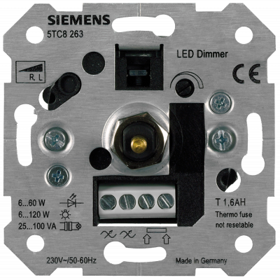 LV dimmer for R, L 6-120 W magnetic transformers and LED lamps with pressure-off/two-way switch flush-mounting, 230 V 50-60 Hz screw-type terminals cl. 5TC8263