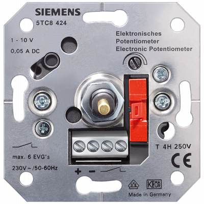 Electronic potentiometer with off pushbutton 6 A FM, 1-10 V control input 0.04 A screw terminals for claw and screw mounting. 5TC8424