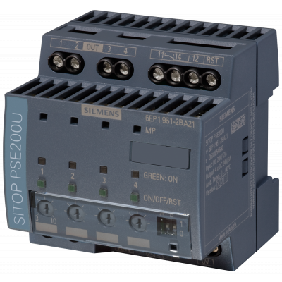 Selectivity module SITOP PSE200U, 24 V DC/4 x 3 ... 10 A with group signal contact. 6EP19612BA21