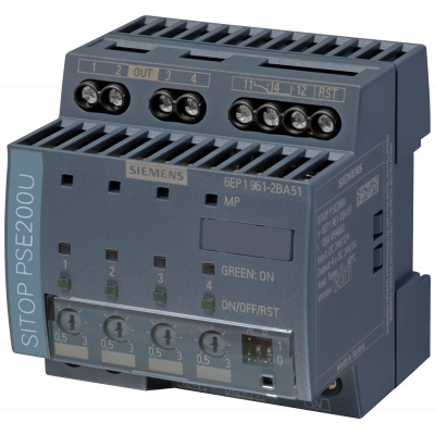 Selectivity module SITOP PSE200U, 24 V DC/4 x 0.5 ... 3 A with group signal contact. 6EP19612BA51