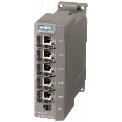 SCALANCE X005, IE Entry Level Switch unmanaged 5x 10/100 Mbit/s RJ45 ports, LED diagnostics, IP30, 24 V DC power supply, PROFINET-compliant securing c. 6GK50050BA101AA3