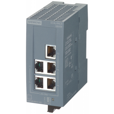 SCALANCE XB005G unmanaged Industrial Ethernet Switch for 10/100/1000 Mbit/s  for setting up small star and line topologies  LED diagnostics, IP20, 24. 6GK50050GA101AB2