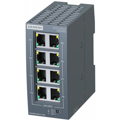 SCALANCE XB008G unmanaged Industrial Ethernet Switch for 10/100/1000 Mbit/s  for setting up small star and line topologies  LED diagnostics, IP20, 24. 6GK50080GA101AB2