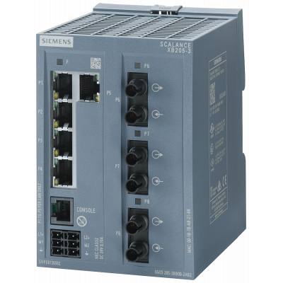 SCALANCE XB205-3 MANAGEABLE LAYER 2 IE-SWITCH 5X 10/100 MBITS/S RJ45 PORTS 3X MM FO ST-PORT 1X CONSOLE PORT DIAGNOSTICS-LED REDUNDANT POWER SUPPLY TEM. 6GK52053BB002AB2