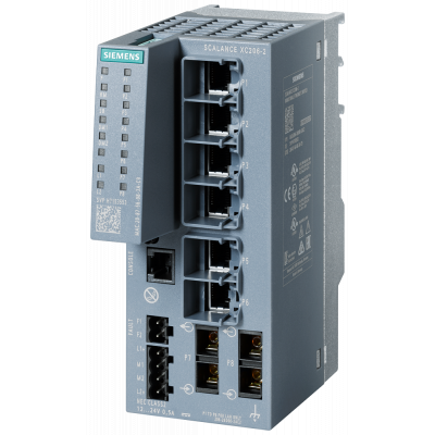 SCALANCE XC206-2 managed Layer 2 IE switch  IEC 62443-4-2 certified  6x 10/100 Mbps RJ45 ports  2x 100 Mbps SC ports  1x console port  diagnostics LED. 6GK52062BD002AC2